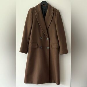 ZARA WOMAN DOUBLE BREASTED CLASSIC LONG WOOL BLEND COAT in Brown